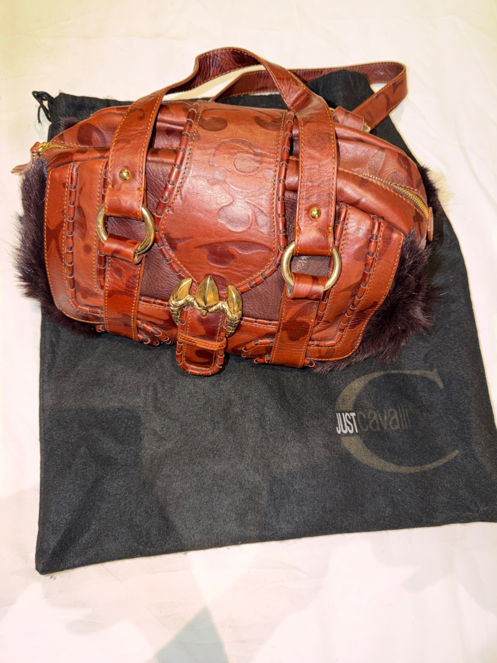 Just Cavalli Vintage brownLeather and Fur Accent Shoulder Bag with Gold Hardware - Picture 3 of 16
